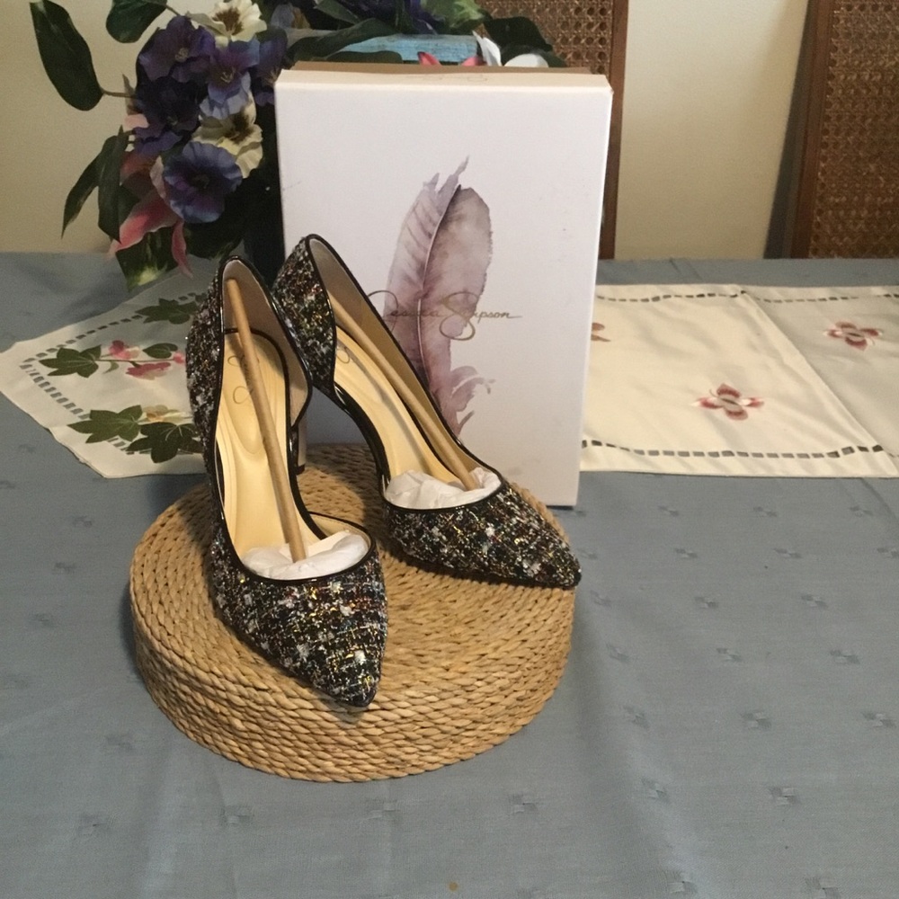 Jessica Simpson Black Multi Tweed D'Orsay Pointed Toe Pumps